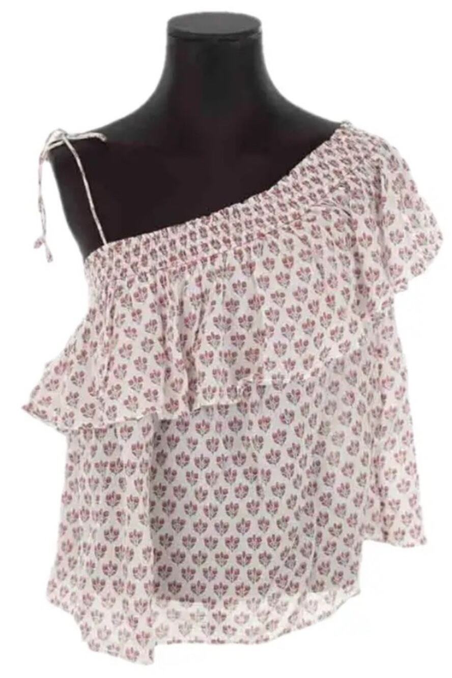 ANTIK BATIK Floral Print Off Shoulder Blouse Top Cream Cotton Paris Chic Sz 40/M
